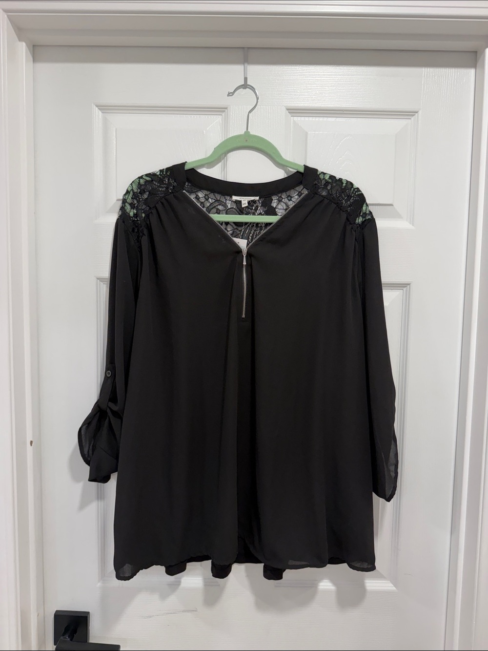 Maurices Lace-Shoulder Zip Front Blouse